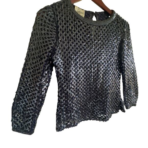 Vintage Partique New York Navy Sequin Openwork Lattice Knit Sweater Medium USA - Picture 3 of 9